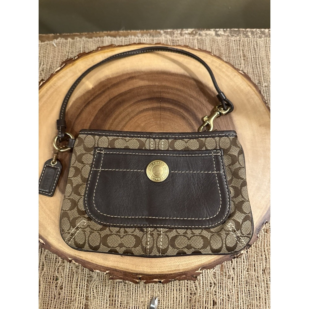 COACH Signature Brown Canvas Leather Trim Pocket‎ Wristlet Gold Logo MRSP